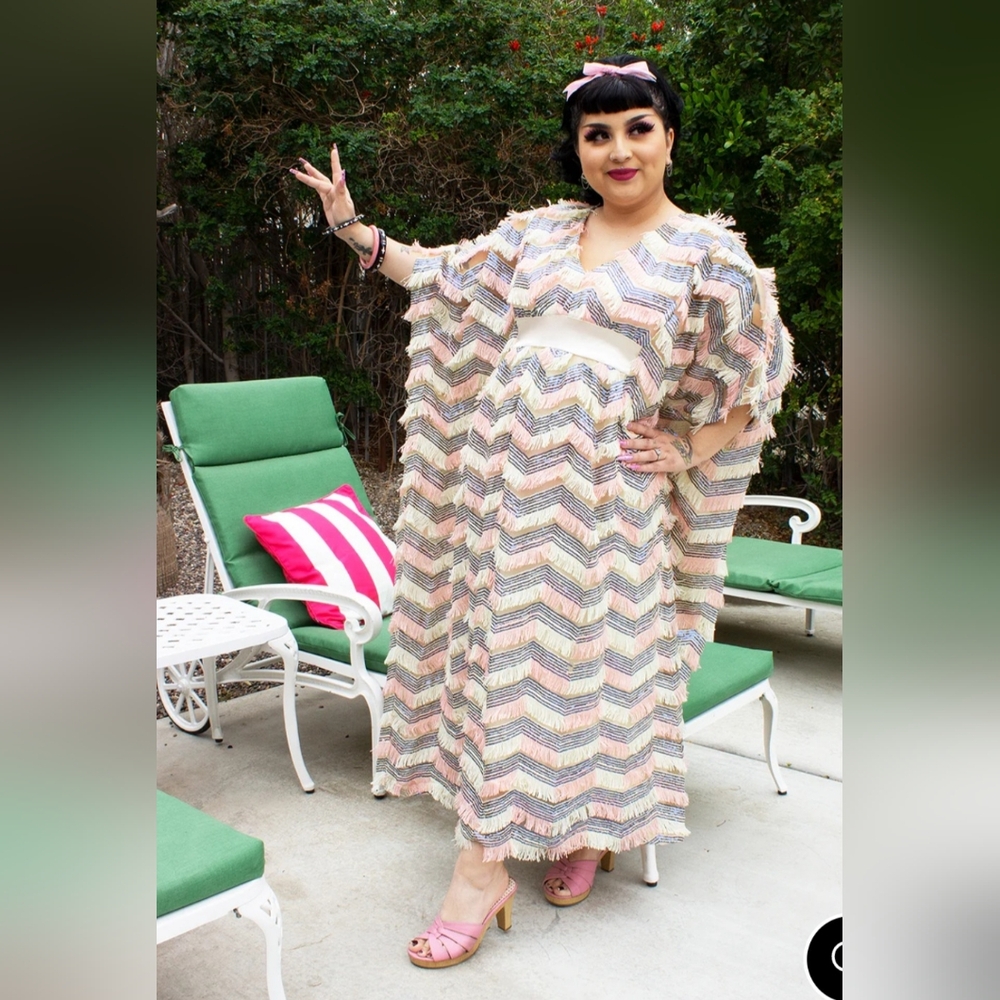 The Oblong Box Shop Pool Party Fringe Caftan Pink Plus Size NWT